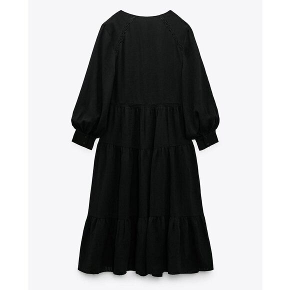 ZARA VOLUMINOUS TEXTURED BLACK MIDI DRESS - Picture 4 of 5